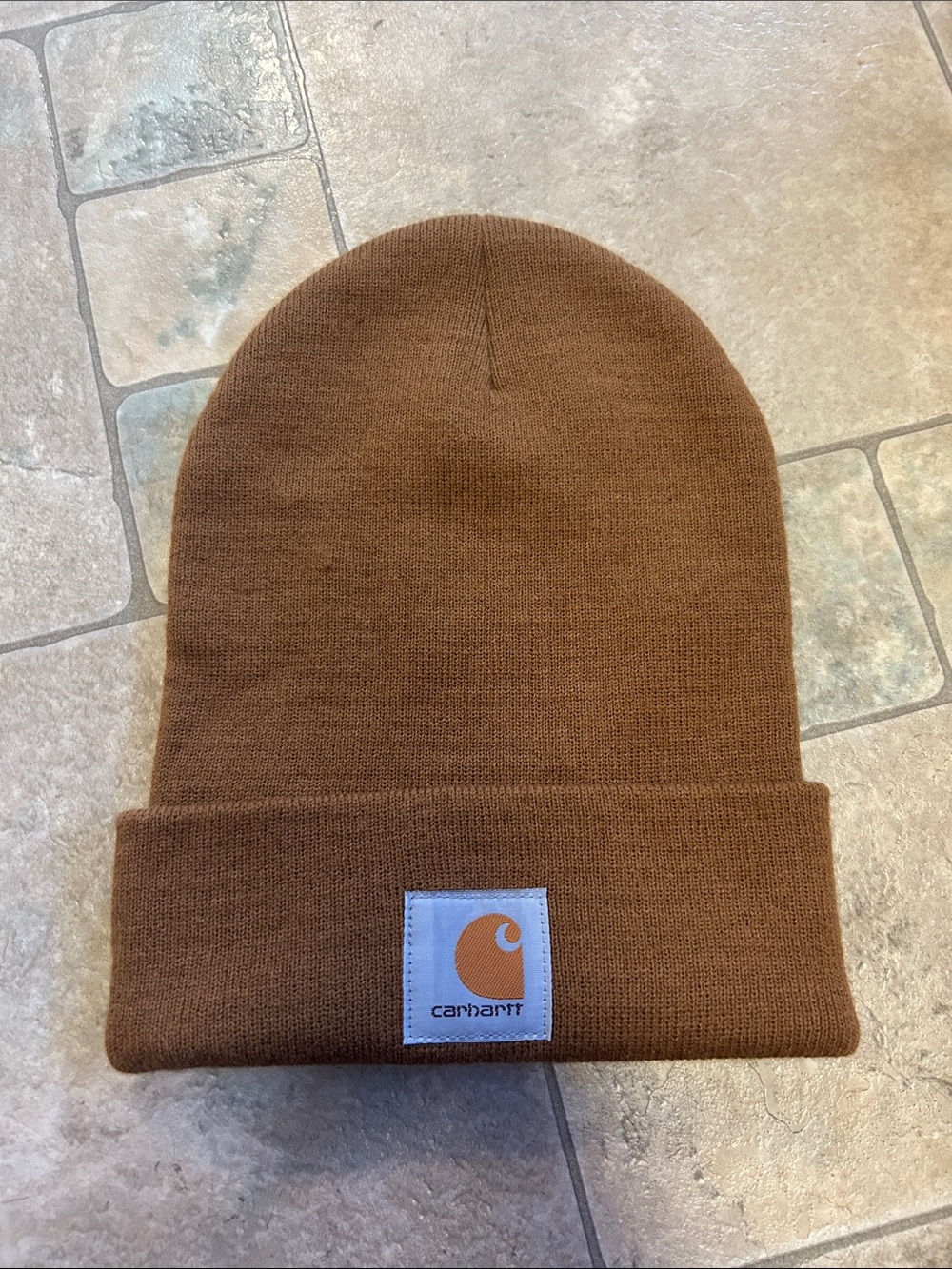 Carhartt Brown Knit Cuffed Beanie with Logo Patch